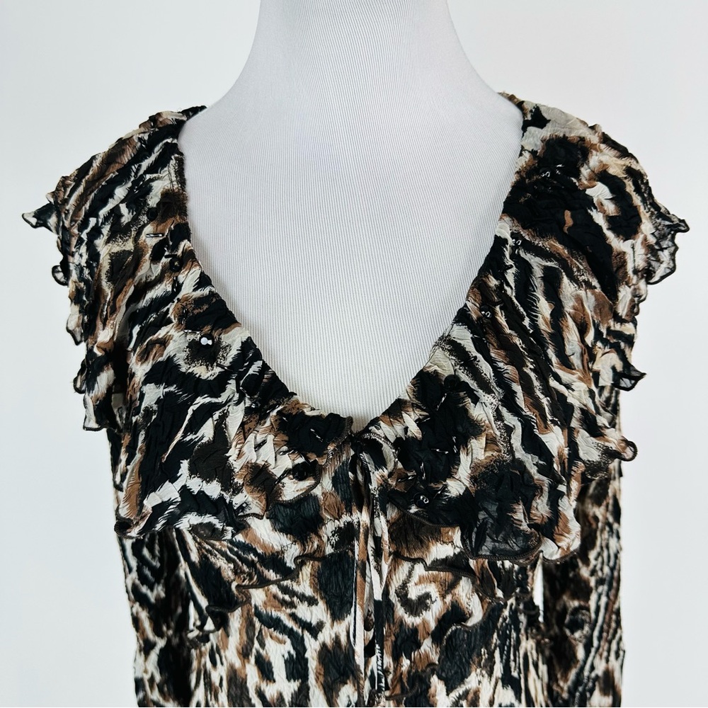 Alberto Makali 90’s Animal Print Ruffle Lace Crinkle Mixed Media Top Size Large - Picture 2 of 15